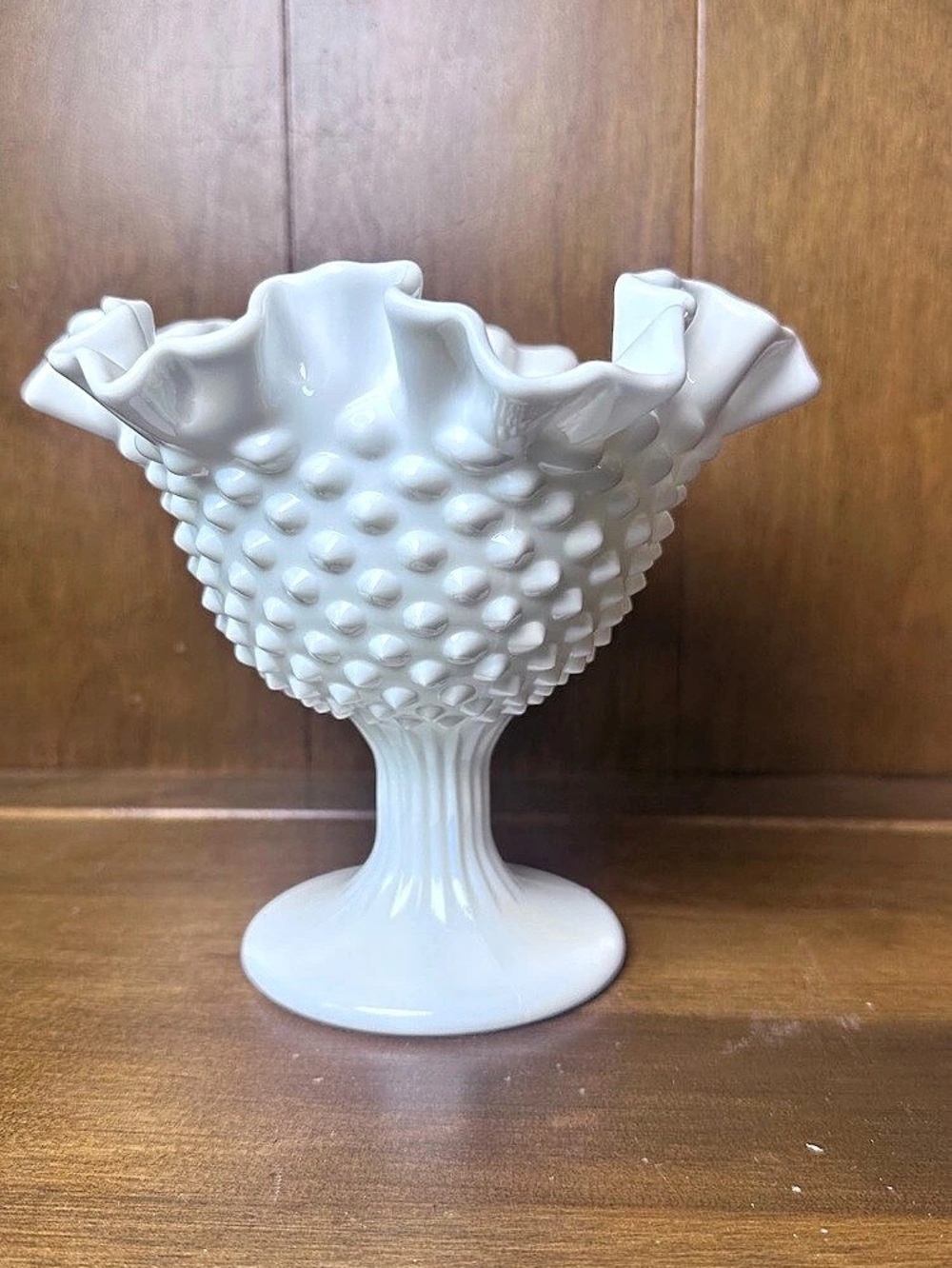 Fenton Hobnail Milk Glass Footed Ruffled Compote